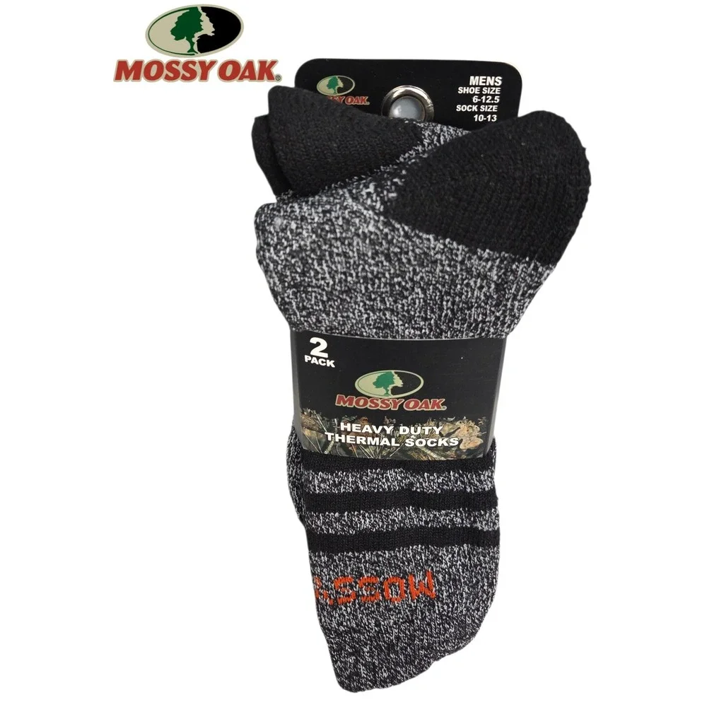 Mossy Oak Heavy Duty Thermal Socks Mens Black Gray 2 Pack Shoe Size 6-12.5 NWT